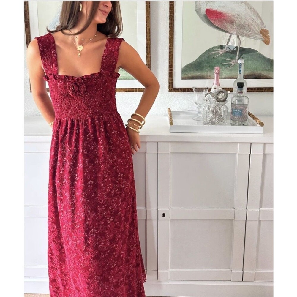 HILL HOUSE HOME The Rosetta Nap Dress Claret Lace Red Metallic Women's Size XL